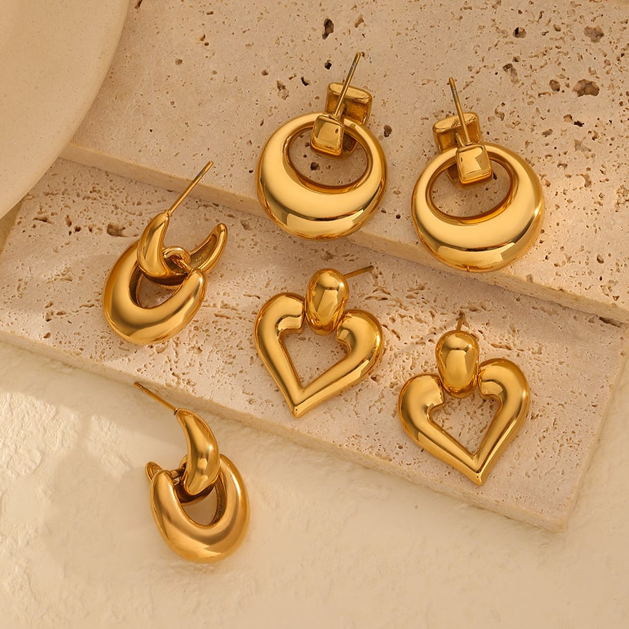 1 par de aretes de botón con diseño geométrico retro de serie simple chapados en oro de 18 quilates 